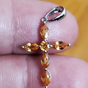 10K White Gold and Citrine Cross Natyral  Gemstone  Pendant